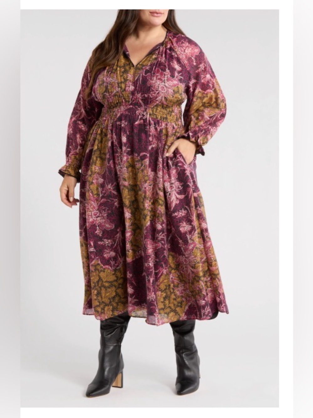 Chelsea28 Long Sleeve Smocked
Bodice Midi Dress 2X fall winter